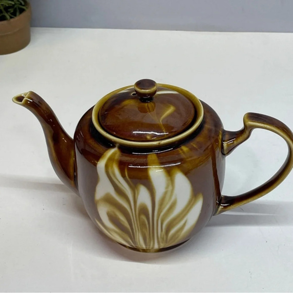 Pottery Glaze Teapot Brown And White, Made In China